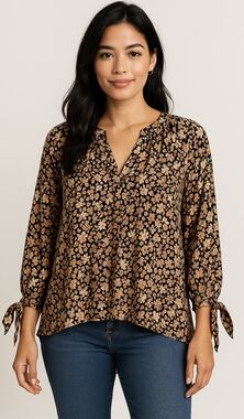 Cynthia Rowley XL Floral Boho Blouse 100% Rayon Peasant Top  Tie Sleeve Work